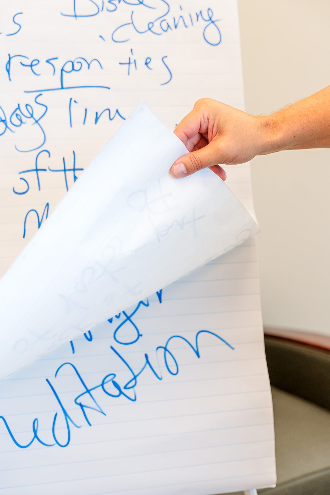 Flip chart paper with writing on it